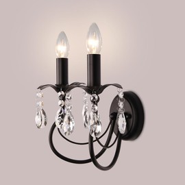 Crystal Wall Sconce,2- Lights Vintage Candle Wall Sconces,Black Wall Lamp, Antique Sconces Wall Lighting Vanity Light for Living Room Hallway Bathroom Bedroom and Victorian Wall Sconce Lighting E12