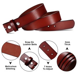 HJONES Men’s Leather Belt Strap With Silver Snap On Belt Without Buckle 1 1/2” Wide (Brown, 38)