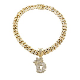 NYFASHION101 Stone Stud Crowned Bubble Initial Pendant with 12mm Miami Cuban Chain Necklace, Gold-Tone, D, 20"