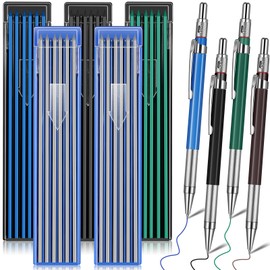 Nezyo 4 Pieces Welder Pencil with 60 Pieces Round Refills Mechanical Pencil Metal Marker Pen for Construction Workers, Metal Work, Welders, Plumbers, Framers (Black, Blue, Green, Silver)