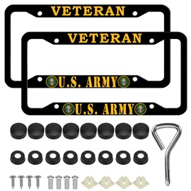 2 Pcs Aluminum Veteran License Plate Frame for U.S. Army,4-Hole Matte Black for United States Army Retired Car Licenses Plate Covers Holders Frames for Plates with Screw Caps