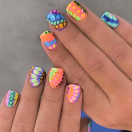 Bright Summer Press on Nails Short Square,Blooming gel Rainbow Fake Nails Colorful False Nails Press ons with Design,Reusable Artificial Nails Full Cover Stick on Nails for Women Manicure 24 Pcs