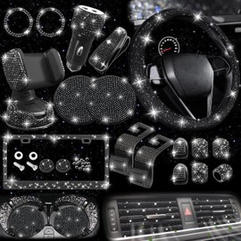 NBTEPEM 27 PCs Black Bling Car Accessories Set for Women, Steering Wheel Covers Universal Fit 15 Inch, Bling License Plate Frame, Bling Phone Holder, Bling Car Coasters (Black Diamond)