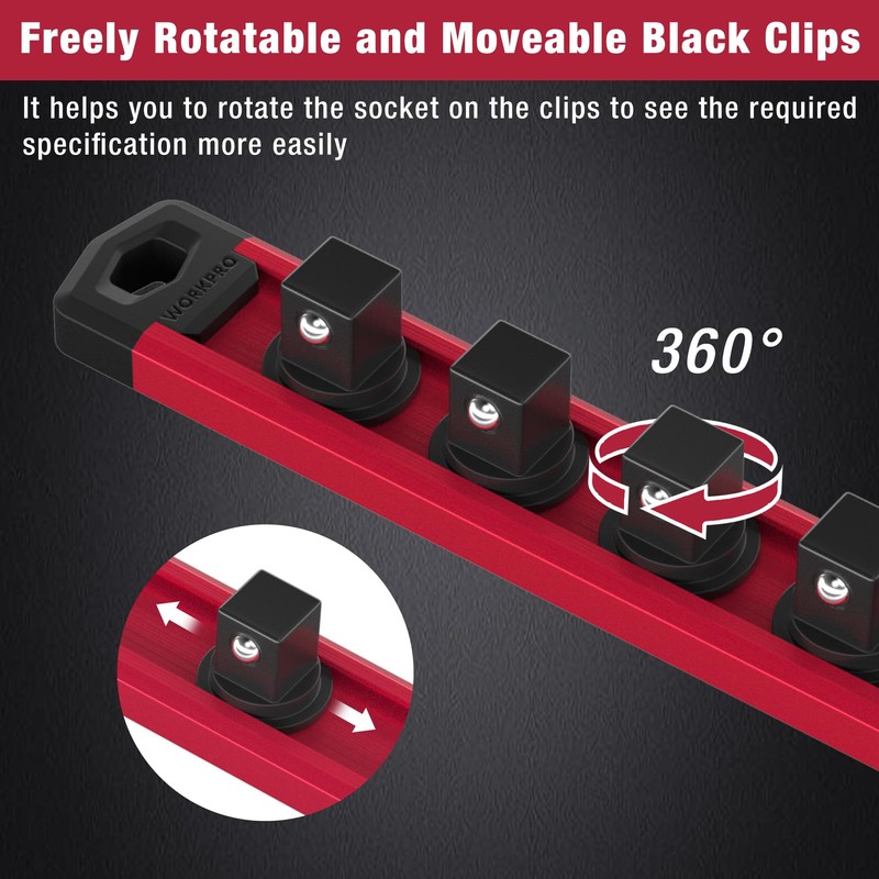 WORKPRO Magnetic Socket Organizer Set, 3-Piece Aluminum Alloy Socket Rail,