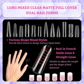 288pcs Long Mixed Dual Nail Forms Clear Matte Full Cover Nail Art Mold with Scale for Polygel Extension Beginners DIY Manicure with Dual-ended Brush Nail File Coffin Nails 12 Styles
