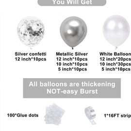 Xfbbchh Silver White Balloons Garland Arch Kit - 5+10+12 Inch Confetti Birthday Decorations for Women Girls Princess Engagement Wedding Party