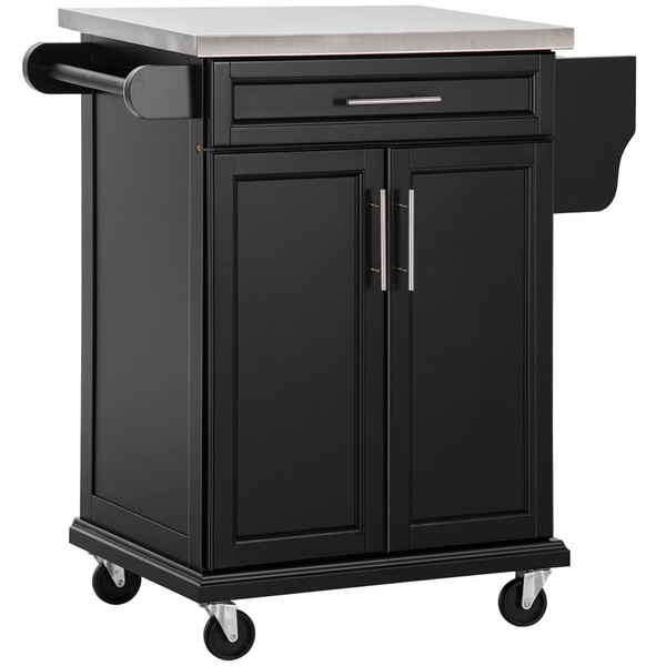 HOMCOM Kitchen Island on Wheels, Rolling Kitchen Cart with Stainless Steel Countertop, Drawer, Towel Rack and Spice Rack, Utility Storage Trolley, Black