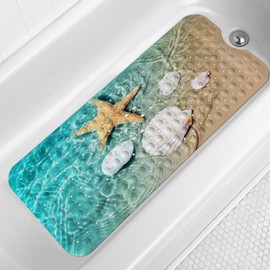 LNOND Summer Beach Bathtub Mat Non Slip, 40 X 16 Inch Tub Mat for Bathroom, Starfish Seashell Bath Tub Shower Mat with Drain Holes and Suction Cups