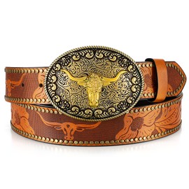 JASGOOD Mens Cowboy Belt Cowgirl Belt Western Belts for Women with Engraved Floral Bull Head Buckle Western Leather Buckle Belt for Jeans, Light Brown, M