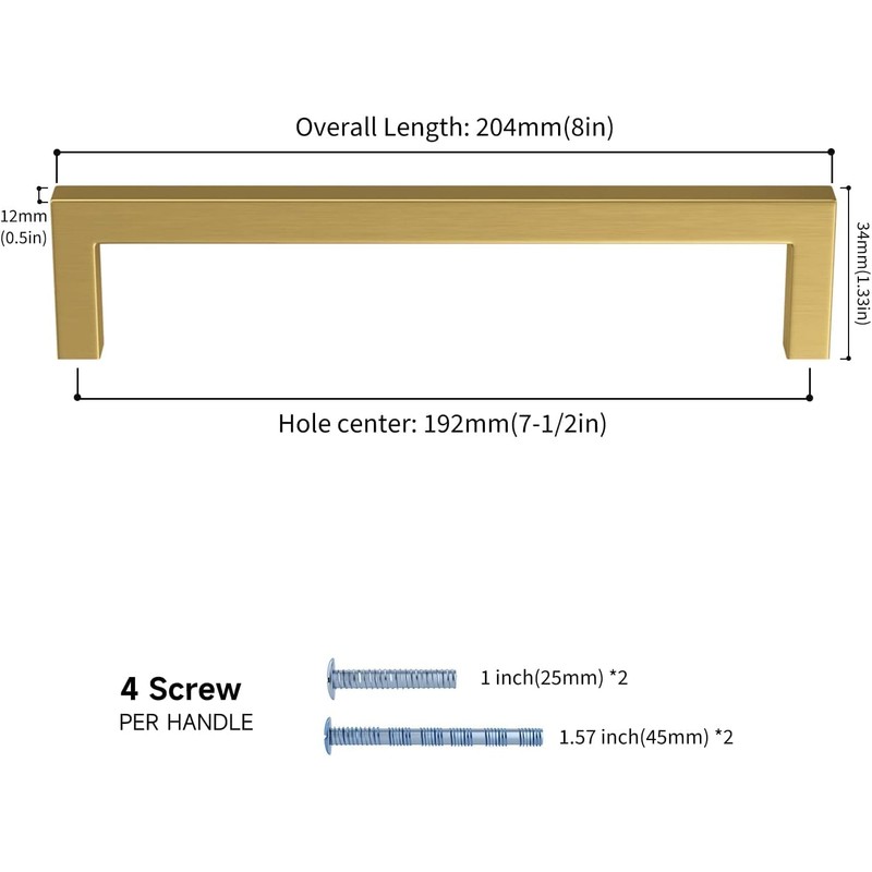 LONTAN 5 Pack Gold Kitchen Door Handles 192mm Square Brushed