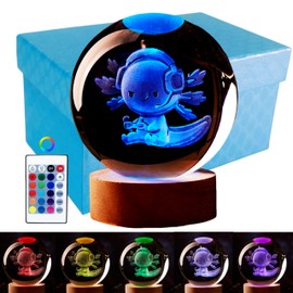 LMLOBEP Large Axolotl Crystal Ball Night Light with Woodern Base, 3D Axolotl Crystal Lamp 16 Color Changing with Remote Control, Laser Engraved Glass Ball Lamp, Room Decor (Axolotl)