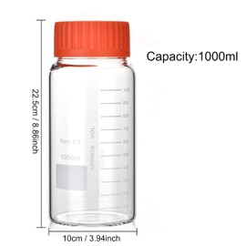Kestun 2 Pack 1000ml Wide Mouth Graduated Round Reagent Bottle,Borosilicate 3.3 Glass Bottle,Media Storage Bottle With GL80 Orange Polypropylene Screw Cap
