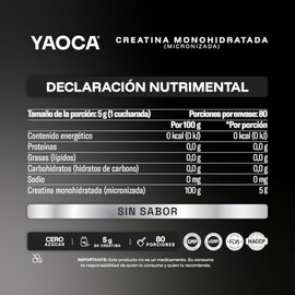 YAOCA I Creatina Monohidratada I Micronizada I 400g I 80 Servicios I Sin Sabor I Alta Pureza