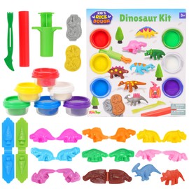 Dinosaur Play Dough Tools for Kids, 20 Pieces Dinosaur Playdough Toys with 8 Dino Molds, 2 Plants Molds, 6 Cans Dough, Dough Extruder