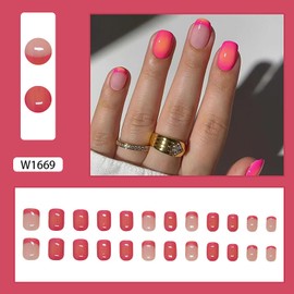Short Square Press on Nails French Tip Rose Red Fake Nails Gradient False Nails Cute Nail Tips Summer Fall Nails Press ons Glossy Full Cover Acrylic Glue on Nails Short Stick on Nails for Women 24PCS
