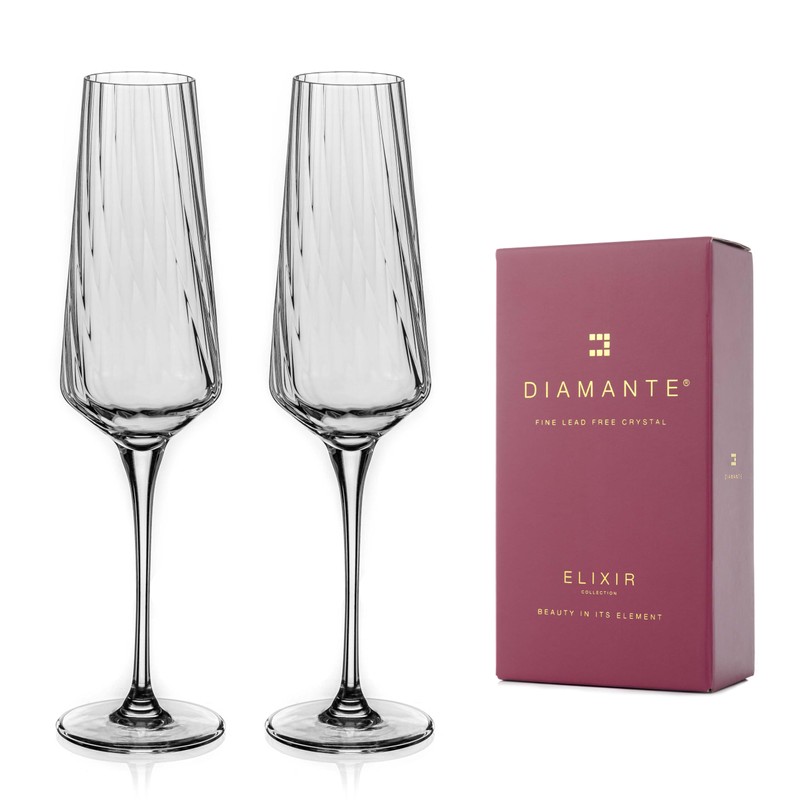 DIAMANTE Crystal Champagne Flutes 'Mirage' - Set of 2 Optic