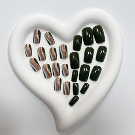 Green Press on Nails Short Square Fake Nails with Gold Glitter Line Design Glossy False Nails Acrylic Artificial Stick on Nails for Women Girls Daily Wear Nails Decoration 24pcs…
