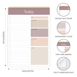 KMQOY To Do List Notepad - Daily Planner Pad Undated 52 Sheets Spiral Today Planner Note Pad Premium Thick Paper 9.8" x 6.5" For Work and Personal Organized - （Brown）