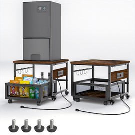 Mini Fridge Stand with Storage and Wheels, Heavy Duty Mini Fridge Table with Power Outlets for 150LBS Refrigerator, Rolling Fridge Cart with Large Capacity Drawer for Dorm,Office,Bedroom (Retro Brown)