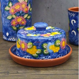Handmade Hand Painted Portuguese Pottery Butter Dish with Lid (Floral), Multicolor 6.5” x 6.5” x 4” inches (246-346-446)