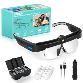 Magnifying Glass with Light, Flip-up Headband Magnifier with 3 Light Colors, 4 Detachable Lenses 1.5X to 5.0X, Hands Free Headset Magnifiers for Close Work Crafts Soldering Repair Jewelry (Black)