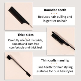 Siliget 3 Pcs Hair Brush Set, Slick Back Hair Brush Edges Brush, Rat Tail Comb, Plastic Bristle Hair Brush, Teasing Brush Set for Women Smoothing Hair - Black