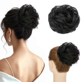 MY-LADY Curly Human Hair Bun Messy Buns Hair Pieces for Women Hair Buns with Elastic Band Tousled Updo Real Hair Ponytail Extension Natural Black