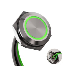 FILN 1 pcs 19MM (3/4'') Momentary Pushbutton Switch Metal Black Case Auto Reset Slim Waterproof IP67 with LED Light with Cable for Device ON/Off and Startup (12~24V Green)
