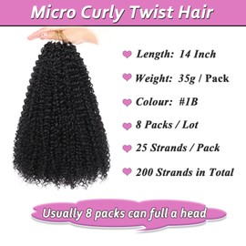Samtress 14 Zoll Pre Looped Micro Curly Twist Crochet Hair 8 Packs Black Mini Passion Twist Micro Twist Kinky Curly Hair Extensions Yanky Twist Crochet Synthetic Hair for Black Women (#1B)
