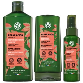 Yves Rocher Tratamiento capilar REPARACIÓN ANTI QUIEBRE: Shampoo Reparación (300 ml) + Acondicionador Reparación Intensiva (200 ml) + Sérum protector de calor para medios y puntas (100 ml)