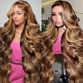 BMNH Ombre Honey Blonde Lace Front Wig Human Hair 13x6 Highlight Body Wave Lace Front Wig Glueless Pre Plucked With Baby Hair P4/27 HD Lace Frontal Wig 200% Density Colored Wigs 34 Inch
