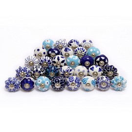 FOLK CRAFT Assorted Door Knobs - Blue Mix Designed Ceramic Cupboard Cabinet Drawer Pulls Brass Steel Door Handle Blue Pottery Chrome Hardware - Set of 30 Pcs