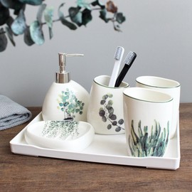 6-Piece Ceramic Bbathroom Accessory Set with Soap Lotion Dispenser, Mouthwash Cup, Soap Dish, Bathroom Tray, and Toothbrush Holder (Greenery)