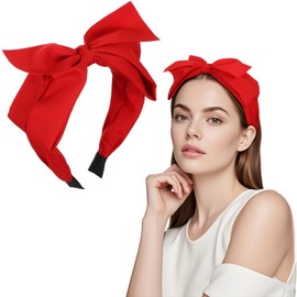 Wide Top Knotted Headbands Red Bow Headband with Big Bowknot Headbands for Women Non Slip Satin Head Bands Christmas Hair Accessories for Women and Girls - Solid Color