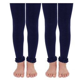 Jefferies Socks Girls Ruffle Trim Pima Cotton Footless Tights 2 Pack (Navy, 8-10 Years)