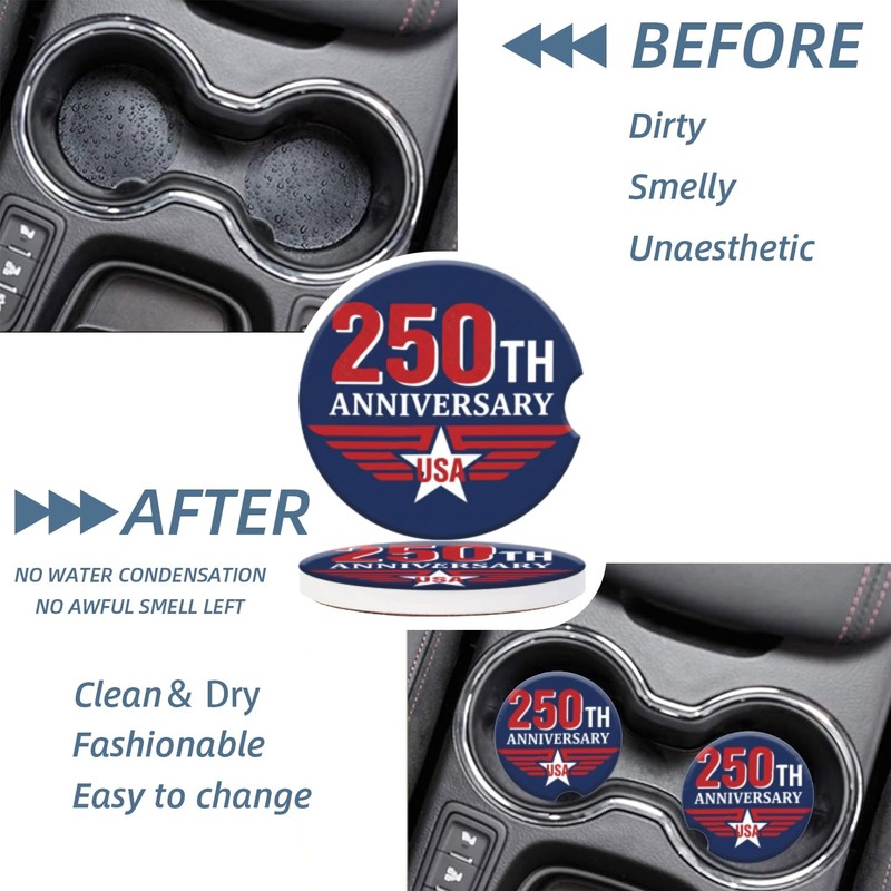 Patriotic 250th Anniversary USA Winged Ceramic Car Cup Coasters for