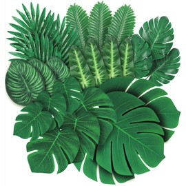 xinlong 78 Pcs 8 Kinds Fake Leaves Artificial Leaves Big Tropical Palm Leaves Monstera Leaf Faux Leaves for Safari Jungle Hawaiian Dinosaur Luau Party Table Decoration Wedding Birthday, Green