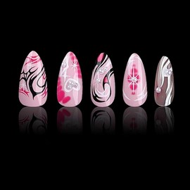 Pink Ombre Press on Nails Medium Almond Fake Nails Love False Nails with Design Pearl Glue on Nails Artificial Acrylic Nail Full Cover Heart Stick on Nails for Women Manicure 24Pcs