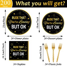 200Pcs Rude That You’re Leaving But OK Party Supplies Set Coworker Leaving Farewell Tableware Plate Napkin Dinnerware Table Party Decoration for Goodbye Going Away Retirement Party Favors for 50 Guest