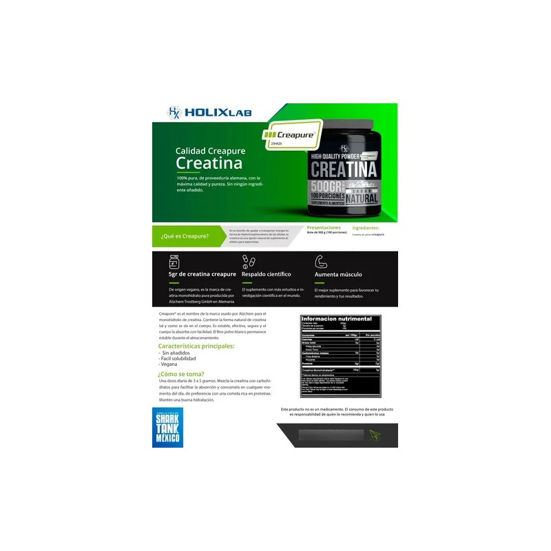 Creatina Monohidratada Creapure Holixlab 500g 100 Porciones