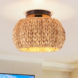 Boho Ceiling Light - 10.6 Round Handwoven Rattan Flush Mount Fixture, Eco-Friendly Natural Jute for Bedroom/Kitchen/Farmhouse, Compatible with E26 Bulbs (Bohemian Style, rattan light fixture )