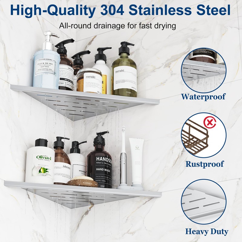 Qeke Corner Shower Shelves, 12” Recessed Tile Shower Shelf, 304