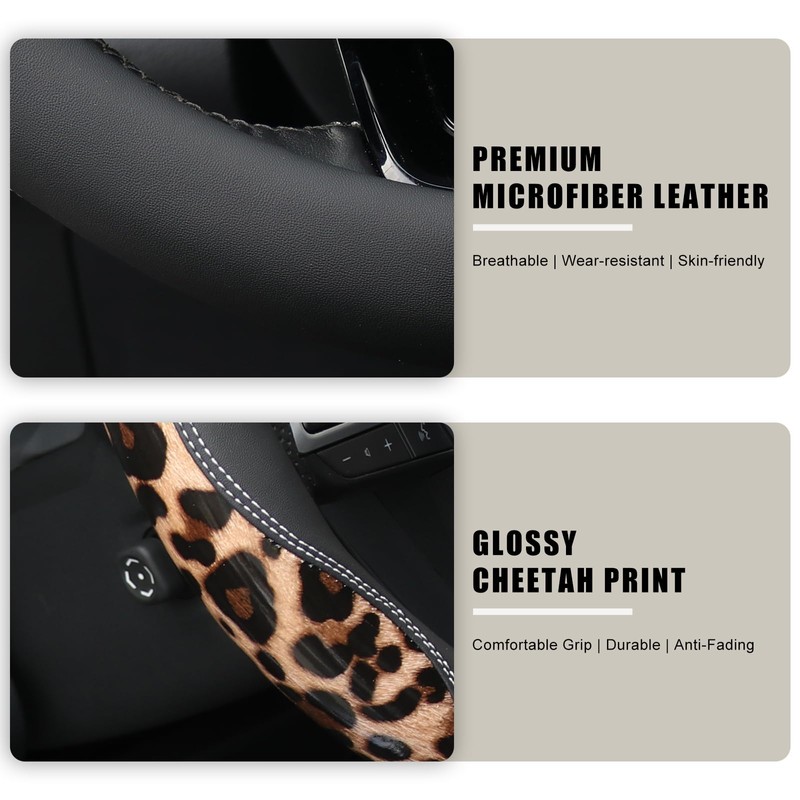 Leopard Steering Wheel Cover for Women, 15 Inch Leather, Brown