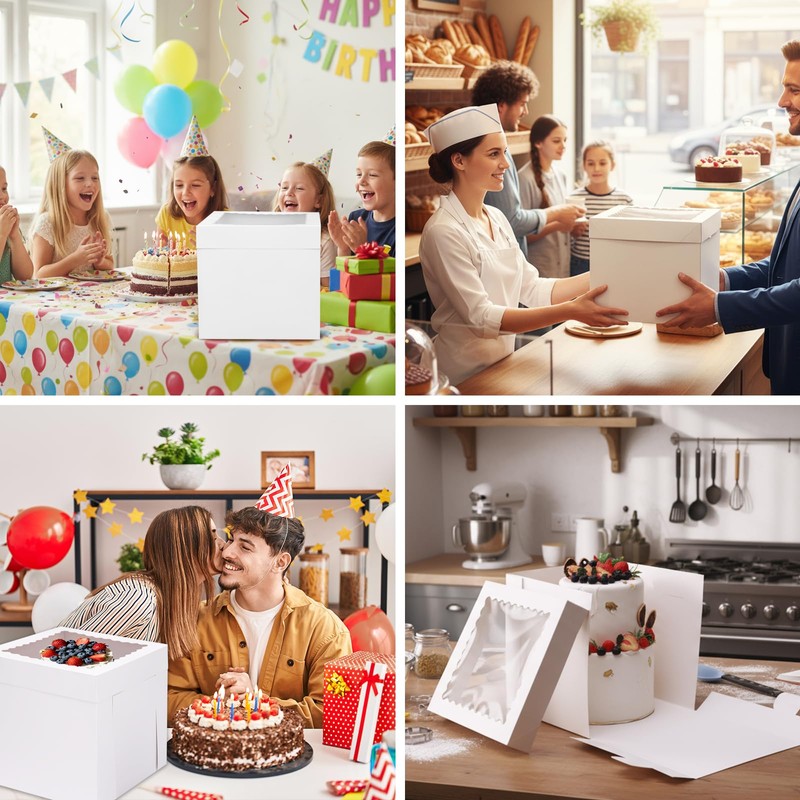 Moretoes 16pcs Cake Boxes, 10x10x10 Inches Tall White Square Bakery