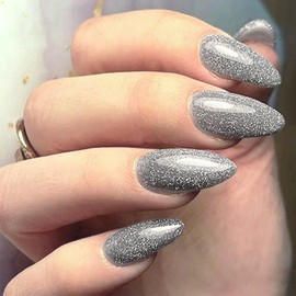 Silver UV Press on Glitter Almond Shape Acrylic Nails: Glossy Full Cover Sparkly Gel Nails with Glue Stick on Nails for Women & Girls