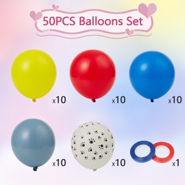 50Pcs Paw Print Balloons Set,12 Inch Red, Yellow, Blue & Dusty Blue Latex Balloons with Ribbons for Boys Birthday, Baby Shower, Circus Party Decorations