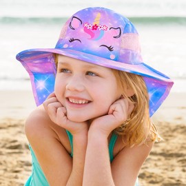 Kids Sun Hat UV Protection Unicorn Summer Beach Play Hats Wide Brim Neck Flap for Girls 2-9 Years, Blue Purple