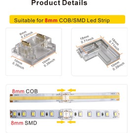 SWOTU 24Pcs 2Pin 8mm Straight & L Shape Led Strip connectors for 8mm Width COB/SMD Single Color Led Strip