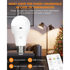 CordlessGlow 15W A19 Rechargeable Light Bulbs with Remote, 3 Color Temperatures + Dimmable Battery Powered Light Bulbs,up to 24 Hours