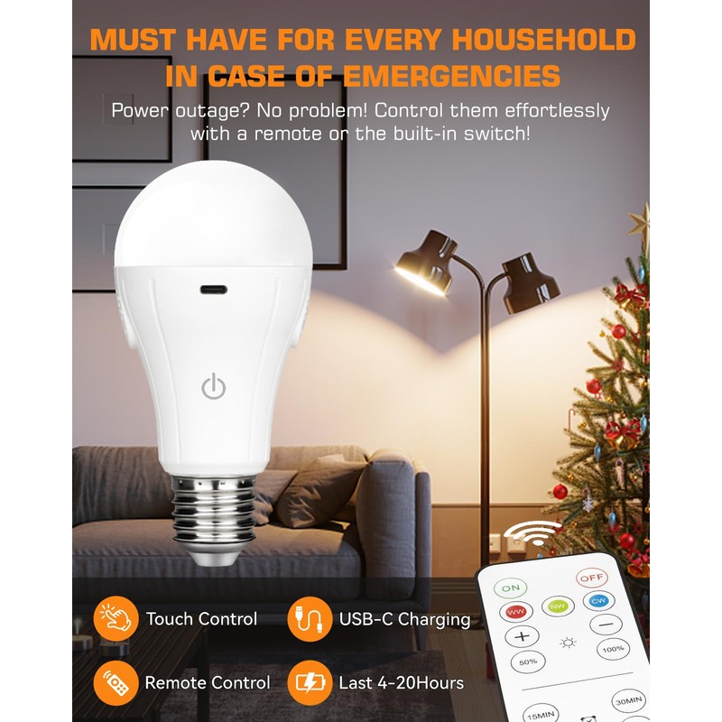 CordlessGlow 15W A19 Rechargeable Light Bulbs with Remote, 3 Color